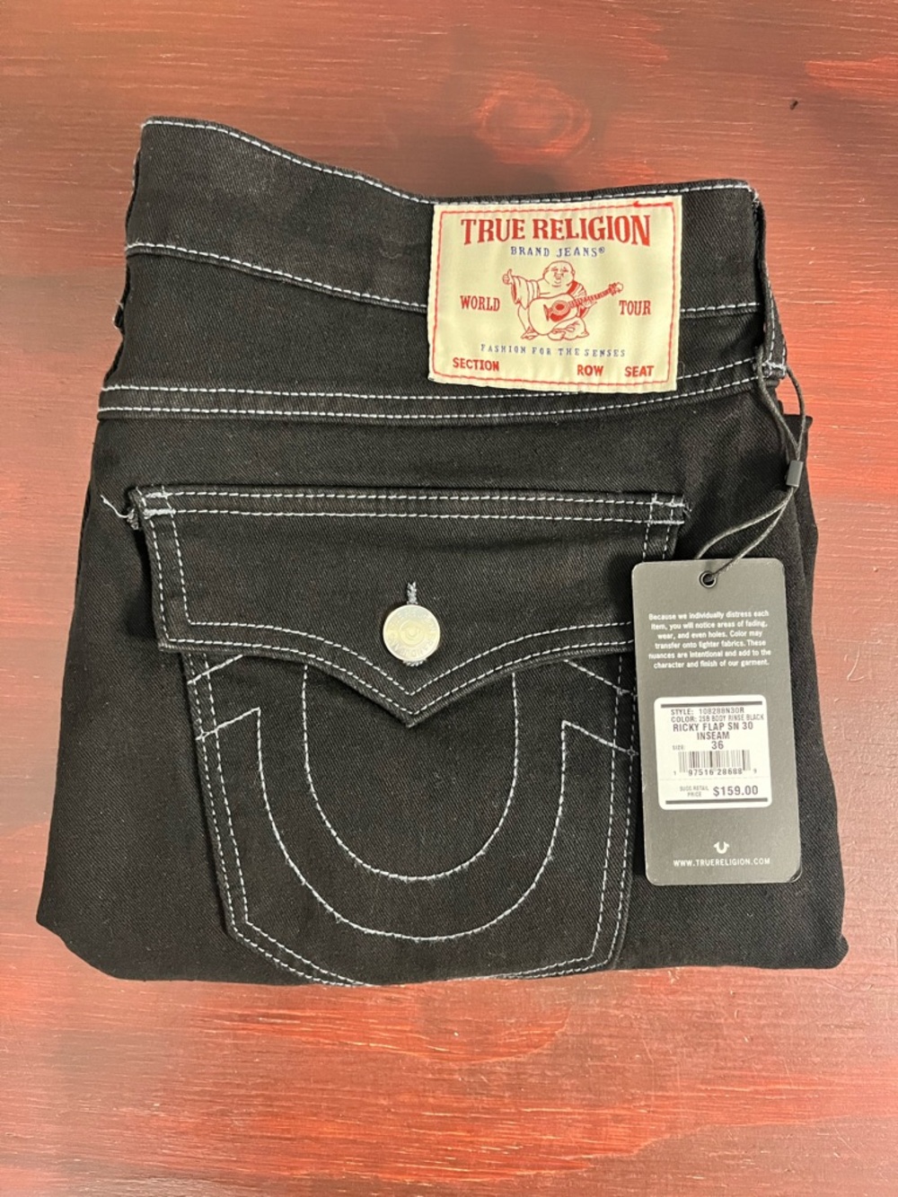 True Religion Ricky SN Flap Relaxed Straight Jeans Men’s 36x30 Black NWT